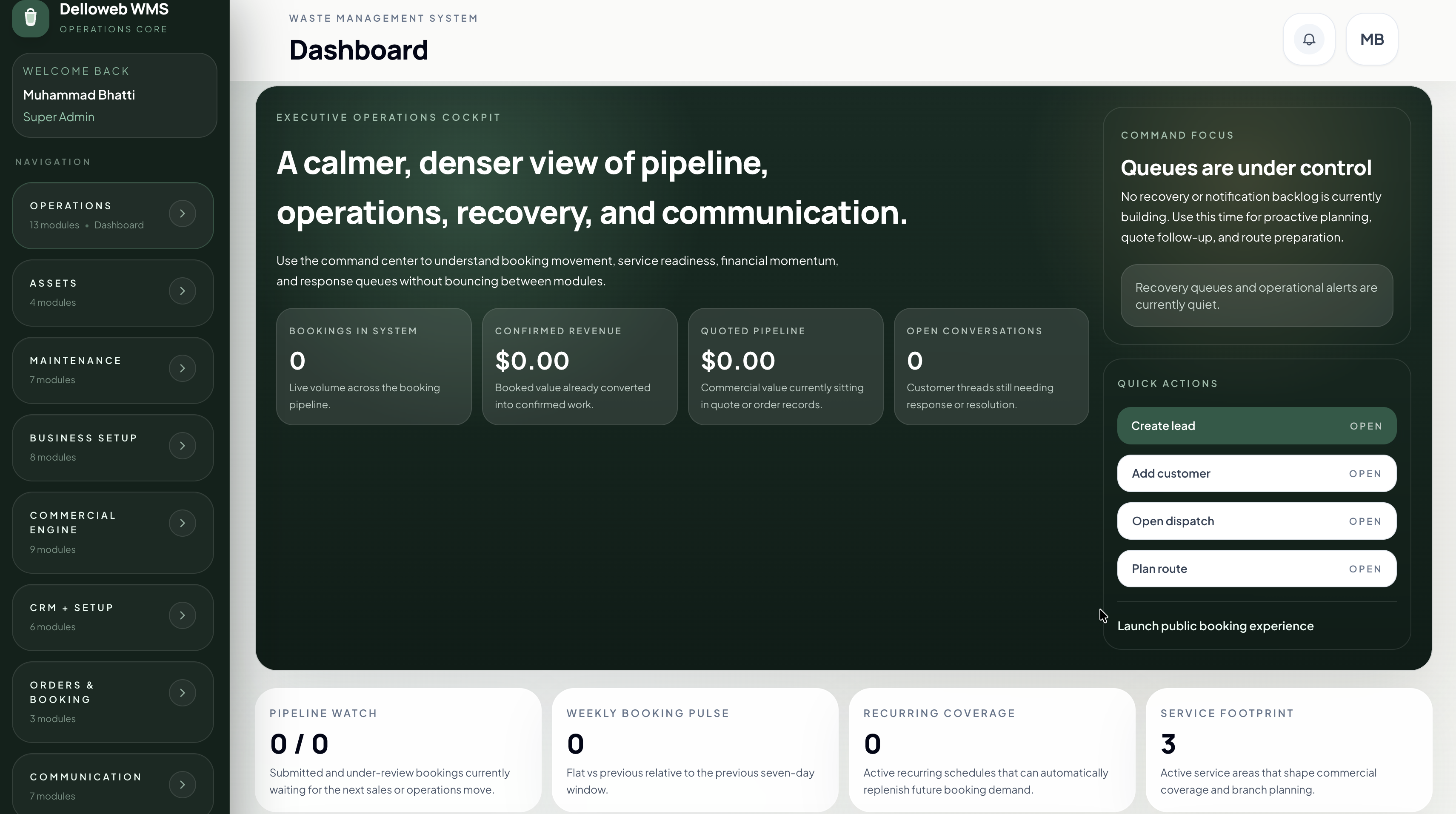 JunkPros WMS dashboard showing operations, pipeline, quick actions, and service metrics.